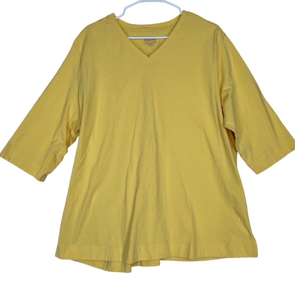 D & Co Essentials Cheery Yellow 3/4 Sleeve V-neck Top Side Slits Womens Size XLP